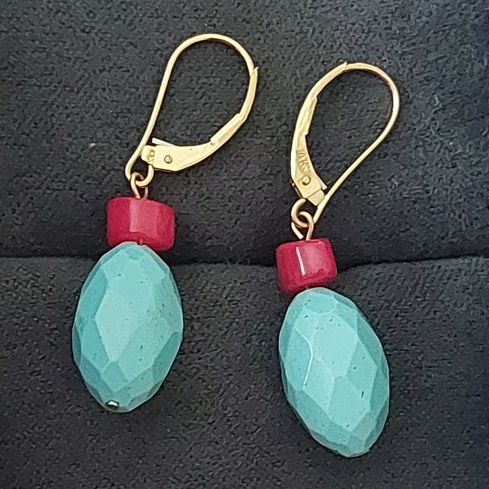 Vintage Turquoise And Coral 14kt Dangle Earrings